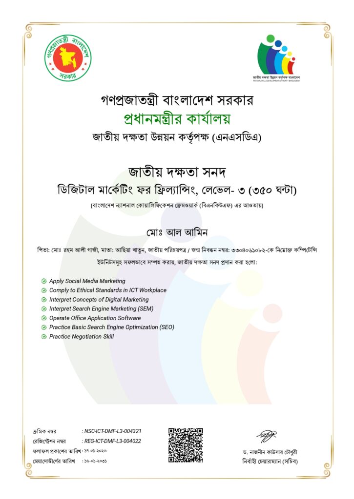 National Skills Certificate in Digital Marketing (Level 3) – NSDA Bangladesh MD Al Amin